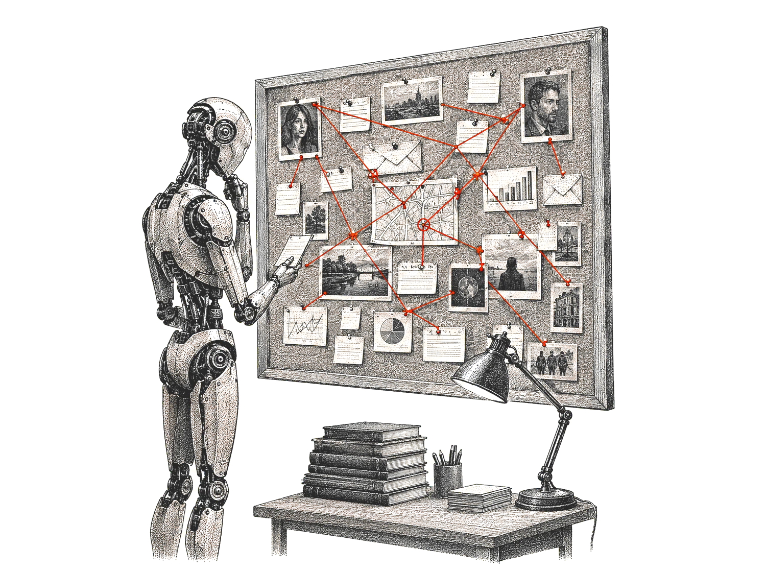 Engraving of a robot agent studying a board of notes, leads and charts tied together with red string