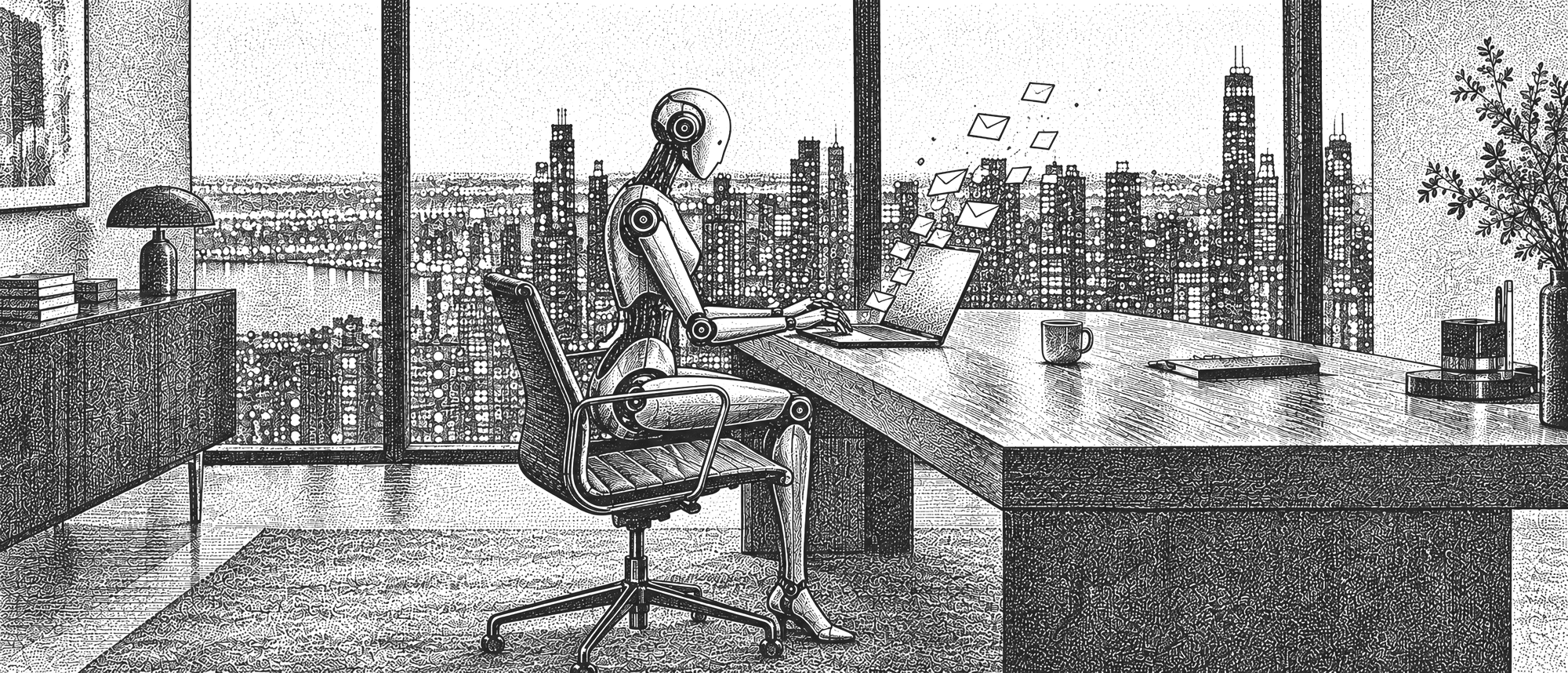 Engraved robot agent working through the night